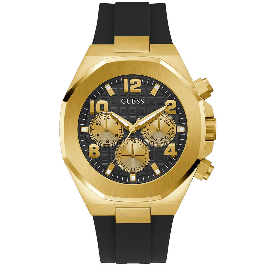Guess Empire quartz men's watch with black dial, gold-tone case, and black rubber strap