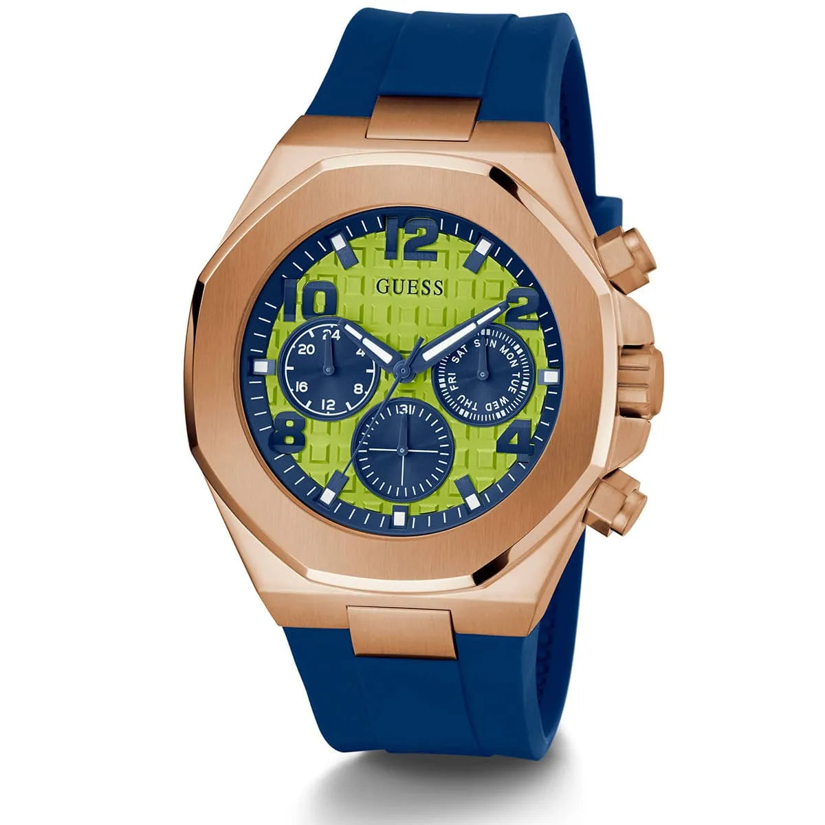 GUESS Empire men's chronograph watch angled view displaying case profile and blue strap