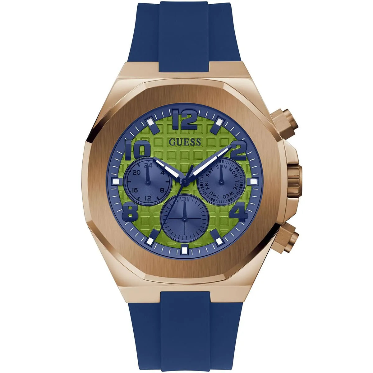 GUESS Empire chronograph watch face showing green dial with three blue subdials and numbered markers