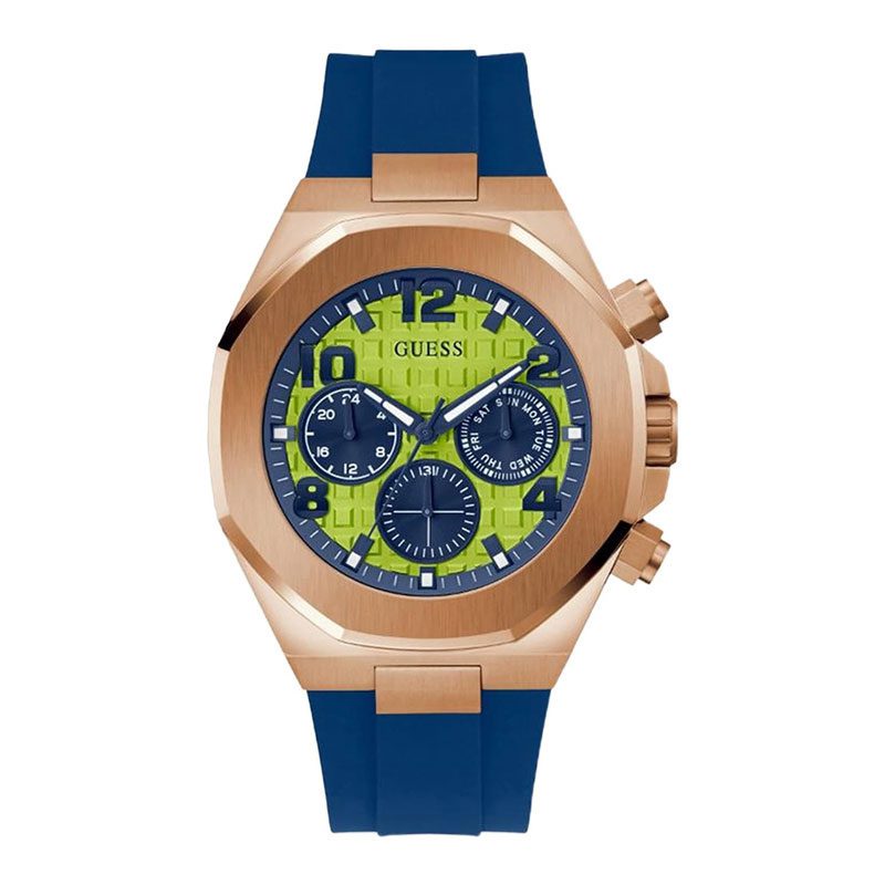 GUESS Empire chronograph men's watch with rose gold case, lime green dial, and blue rubber strap