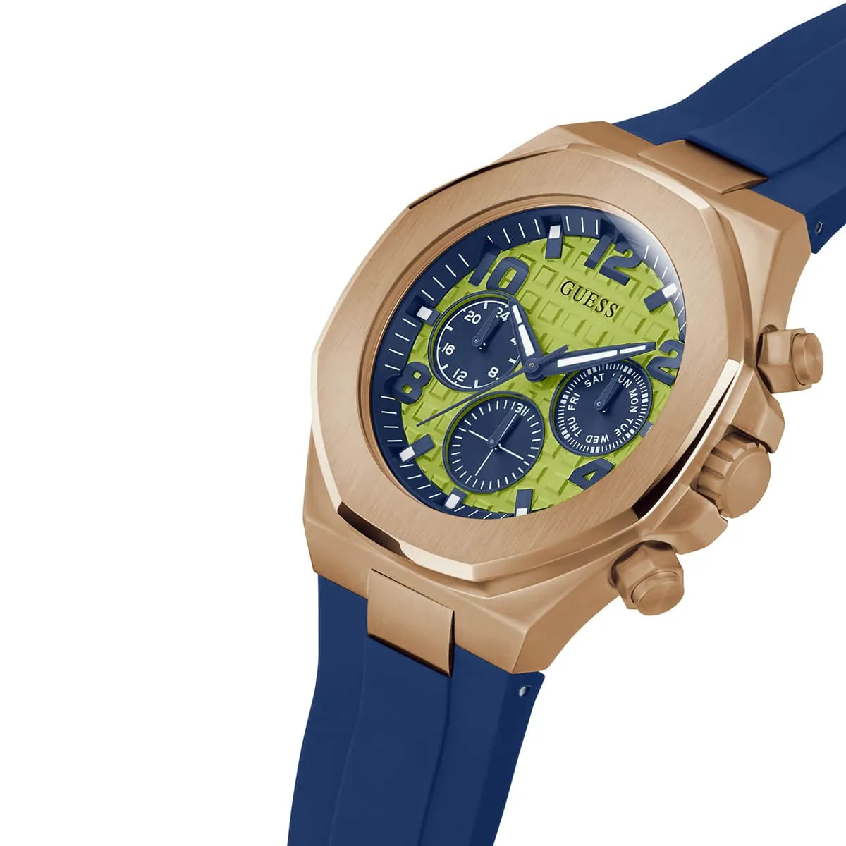 GUESS Empire chronograph watch side view showing rose gold case, pushers, and blue rubber strap