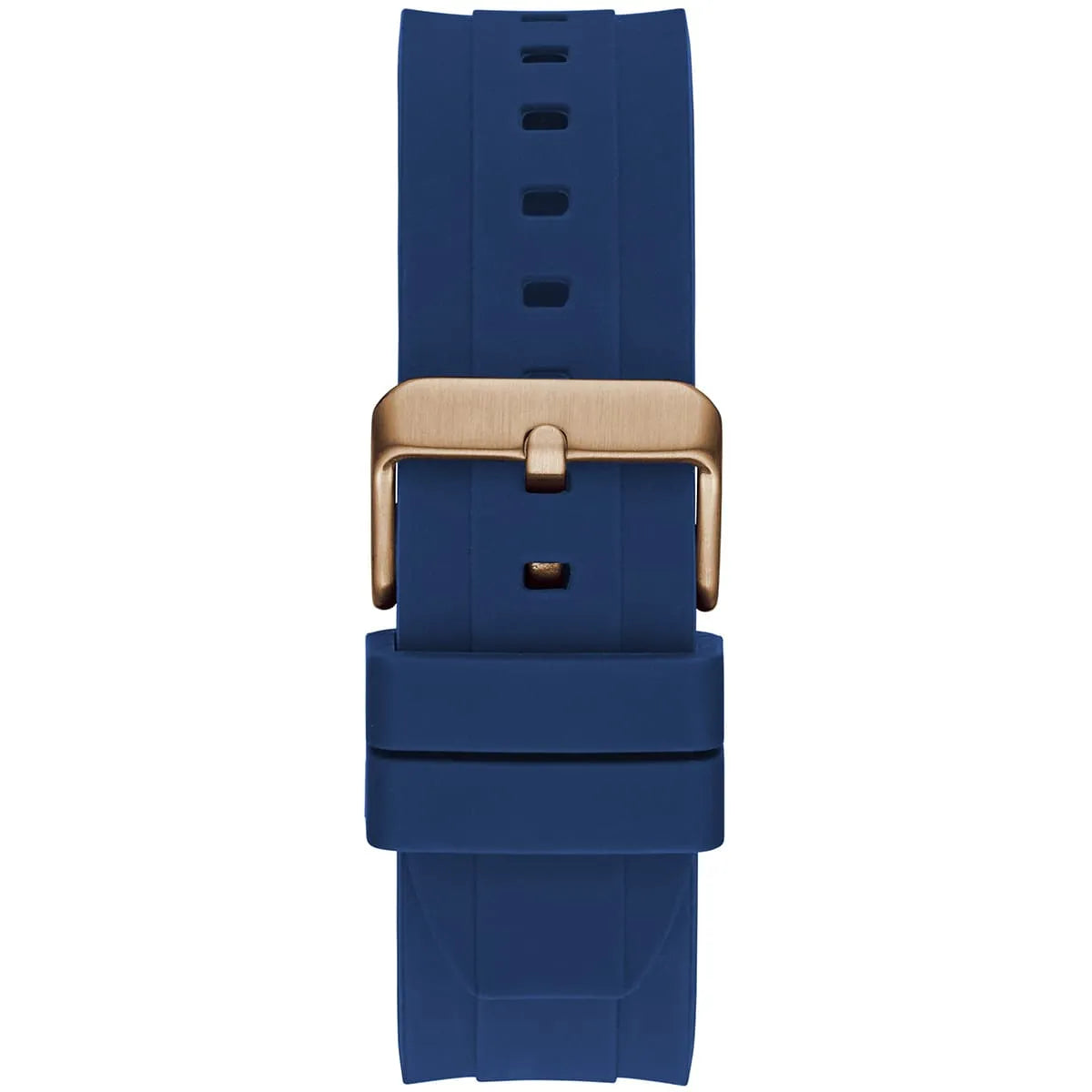 GUESS Empire watch strap view with rose gold buckle and blue rubber band laid flat