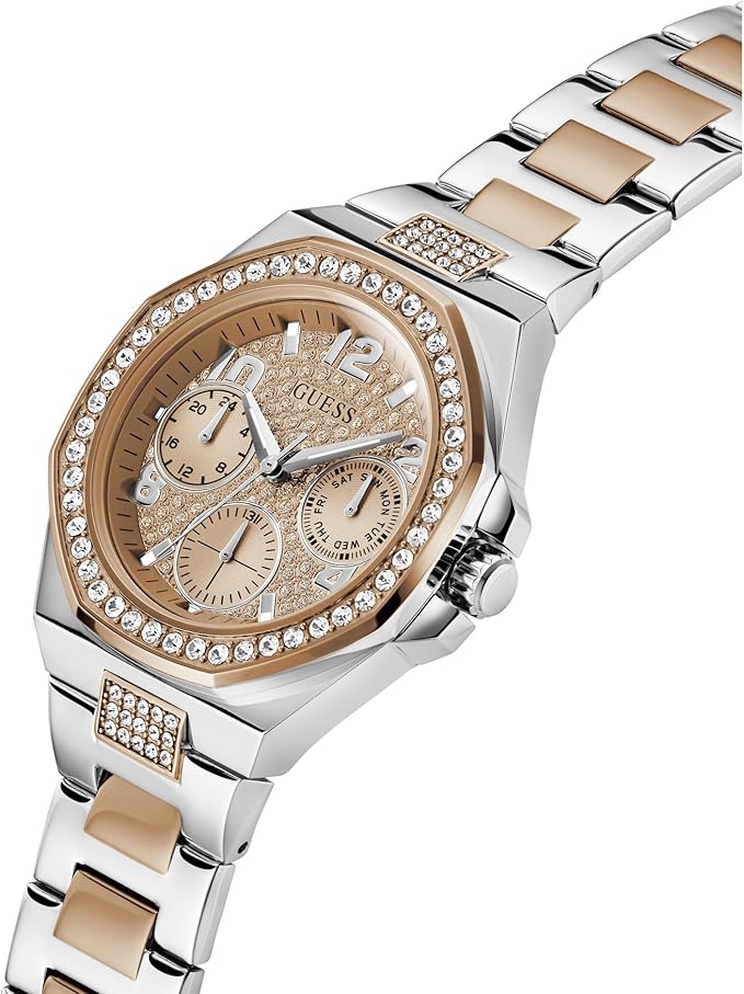 GUESS Empire womens watch angled view showing rose gold dial, chronograph subdials, and two-tone bracelet