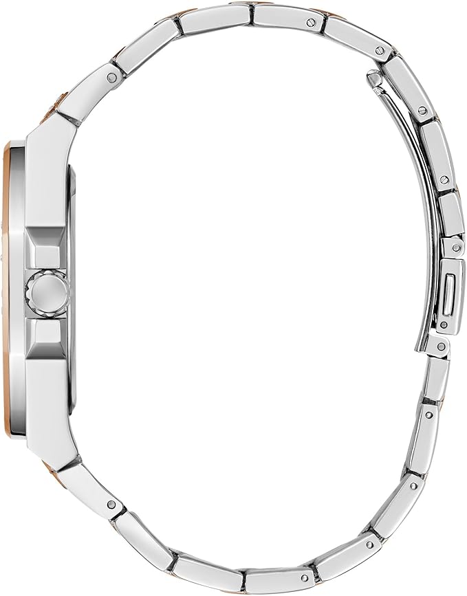 GUESS Empire womens watch showing two-tone steel and rose gold bracelet clasp and side profile
