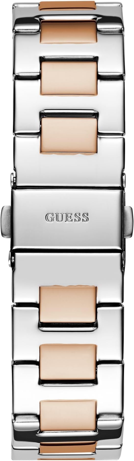 GUESS Empire two-tone steel and rose gold bracelet detail with alternating links and deployment clasp