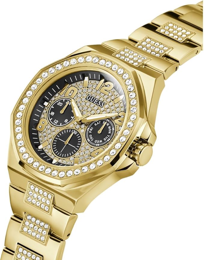 Guess Empire chronograph watch angled view showing crystal bezel and multi-function dial