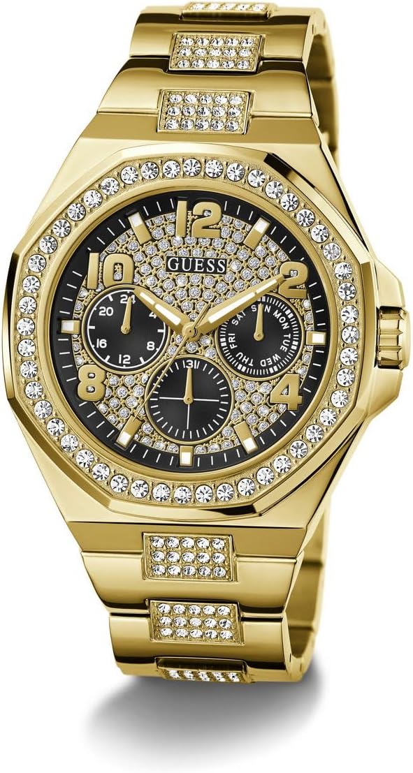 Guess Empire multi-function chronograph watch at three-quarter angle with gem-set bracelet