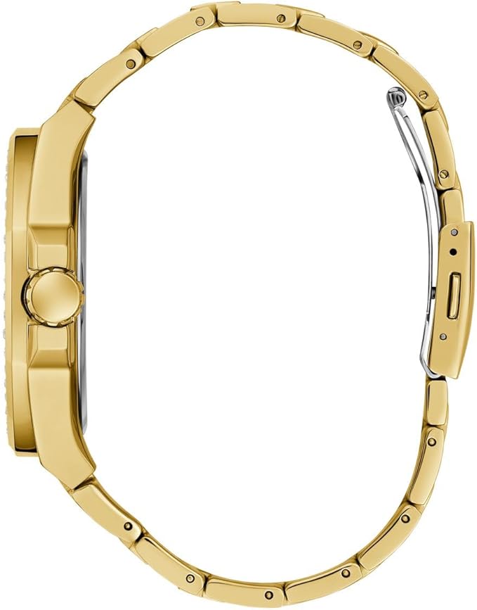 Side view of Guess Empire watch showing gold-tone case and bracelet profile