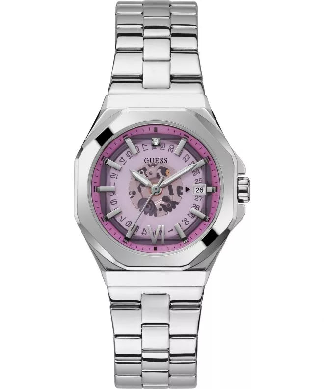 Guess Empress GW0551L1 34mm silver tone watch with purple skeleton dial and steel bracelet