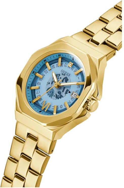 Guess Empress watch three-quarter view showing octagonal case and gold bracelet