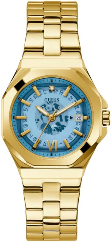 Guess Empress gold-tone ladies watch with blue dial and Roman numerals