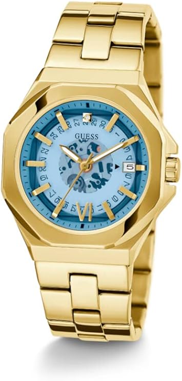 Guess Empress ladies watch on wrist with blue dial and gold-tone bracelet