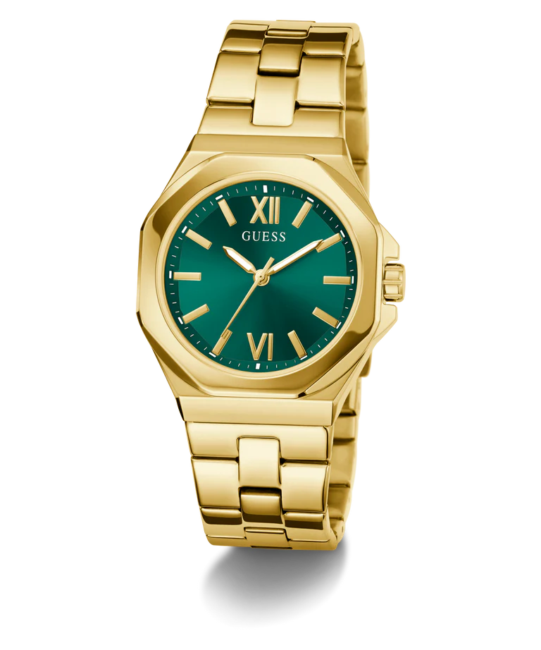 Guess Empress watch at angle showing gold bracelet and teal dial with Roman numerals