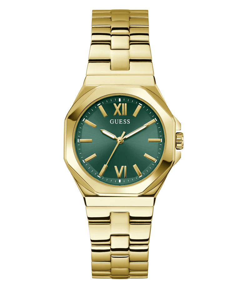 Guess Empress women's watch with gold case, teal dial and gold bracelet