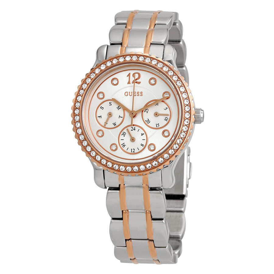 Guess Enchanting ladies watch with silver dial, rose gold crystal bezel, and two-tone bracelet