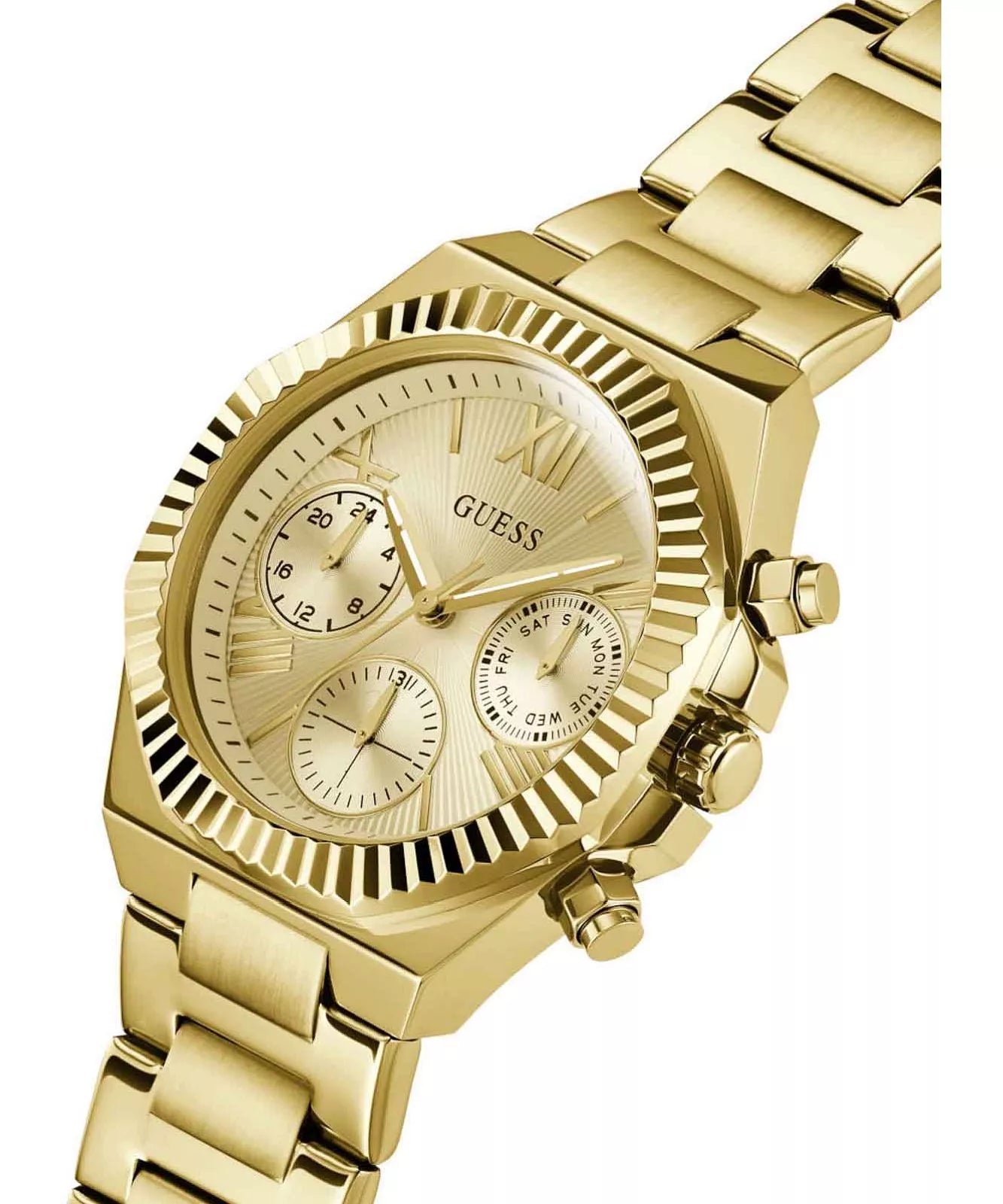 Guess Equality gold chronograph watch at angle showing case and bracelet