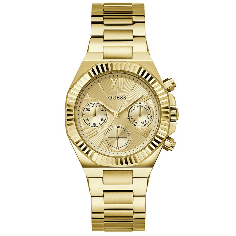 Guess Equality gold women's watch with round dial and chronograph subdials