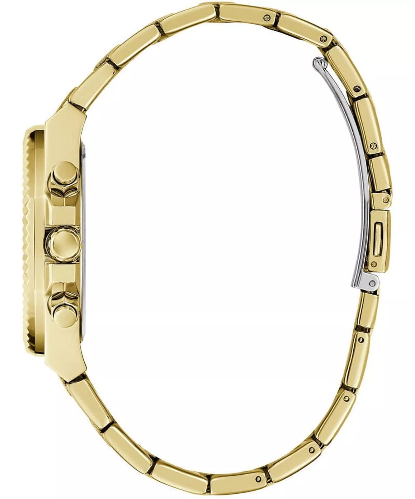 Guess Equality gold watch shown from side view with chronograph pushers
