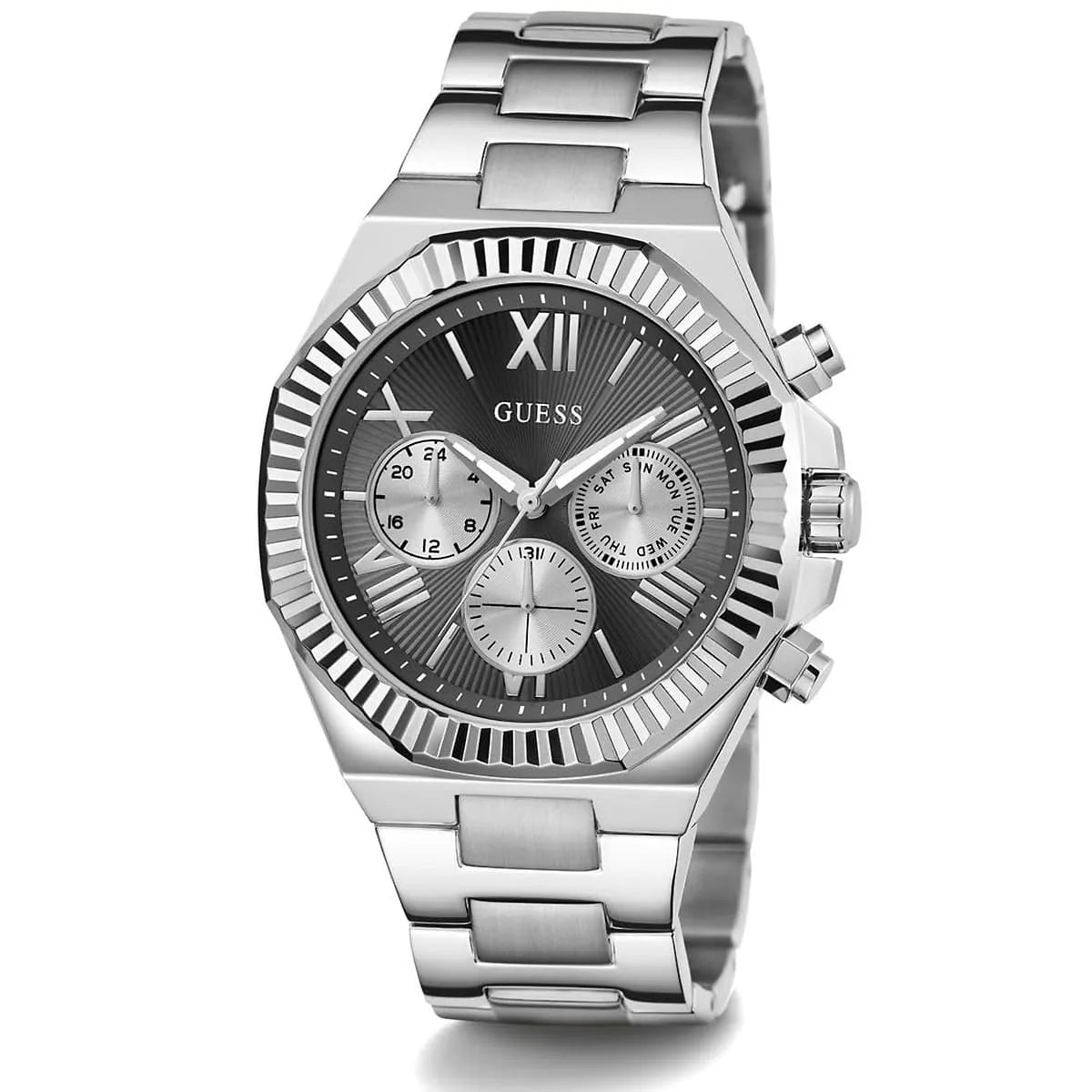 GUESS Equity mens chronograph watch angled view showing silver metal case and bracelet