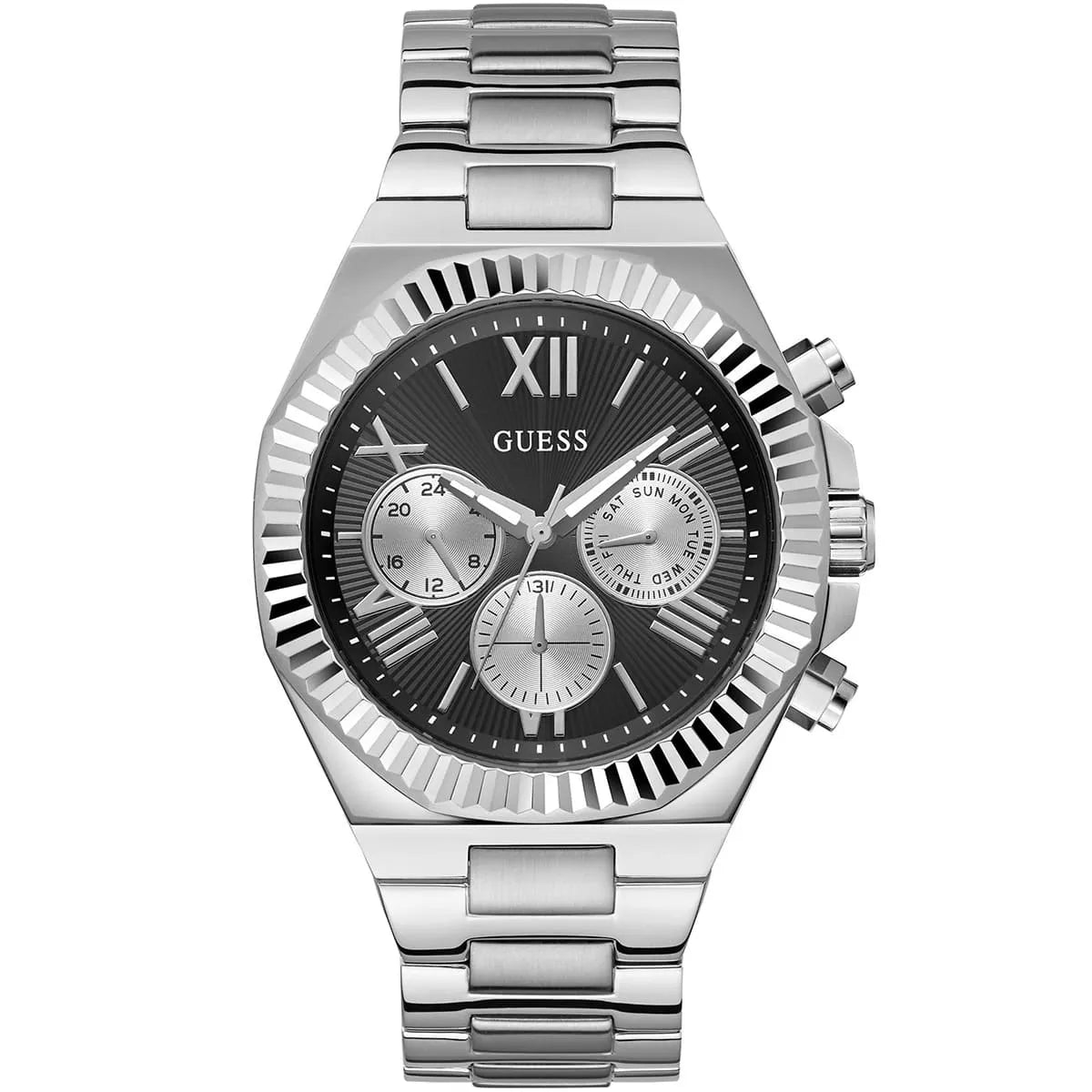 GUESS Equity GW0703G1 mens watch with three subdials and fluted bezel