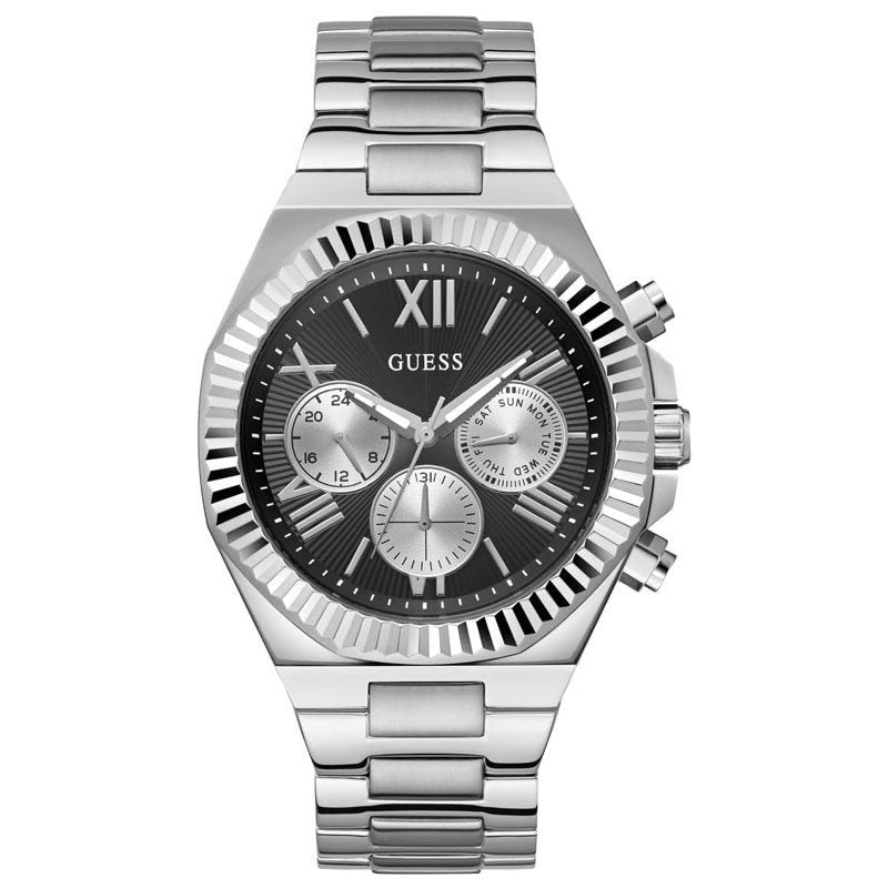 GUESS Equity mens chronograph watch with silver tone case, black dial and Roman numerals