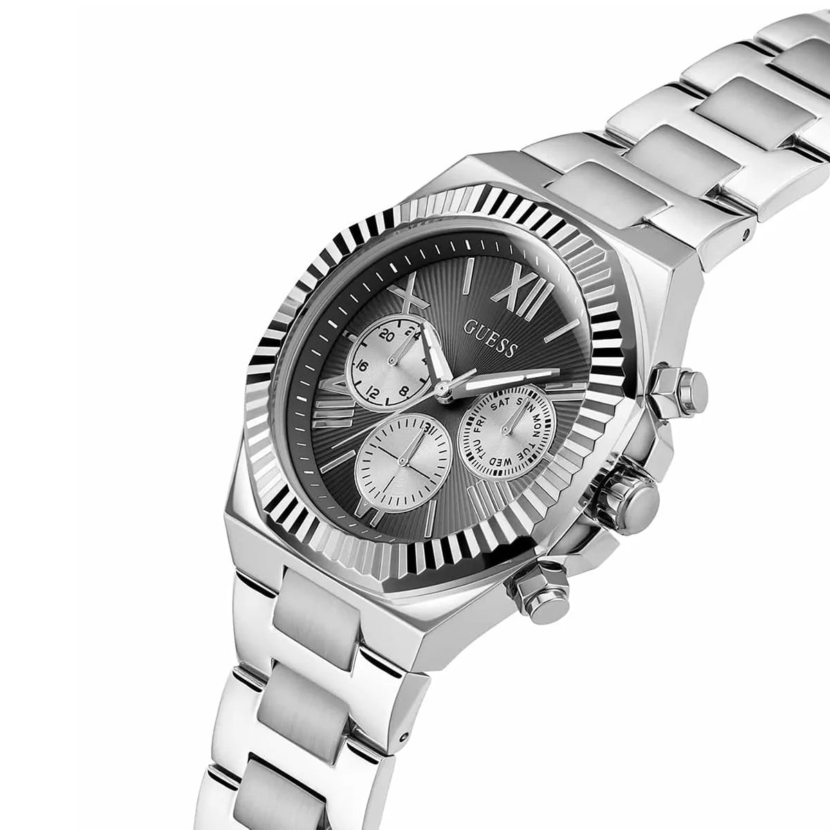GUESS Equity GW0703G1 side view of chronograph watch with stainless steel bracelet