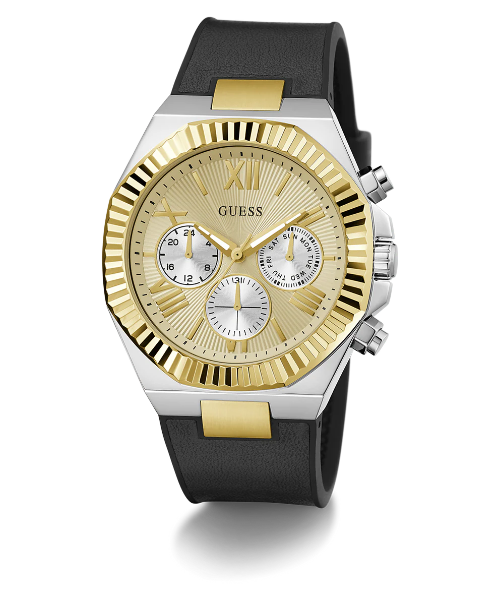 Guess Equity GW0791G1 angled view showing gold dial with Roman numerals and three chronograph subdials