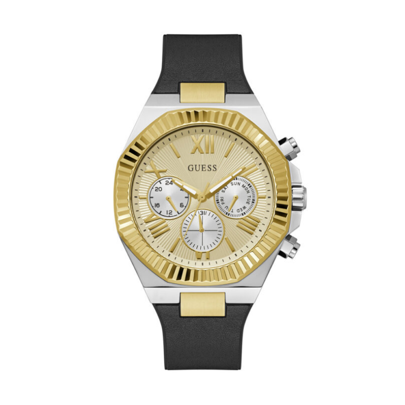 Guess Equity men's watch with gold dial, chronograph subdials, gold bezel, and black rubber strap