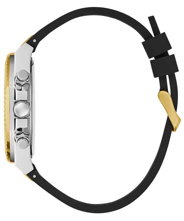 Guess Equity GW0791G1 chronograph watch worn on wrist, showing black rubber strap with gold buckle