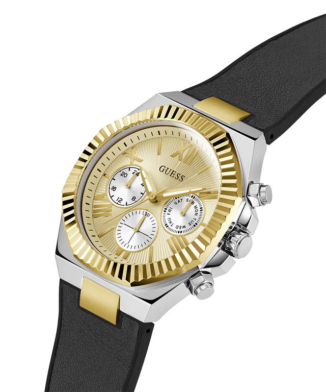 Side view of Guess Equity watch displaying chronograph pushers and case profile with gold accents