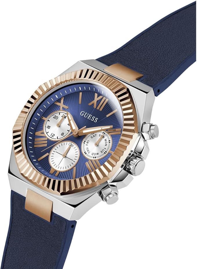 Guess Equity chronograph watch angled view with blue dial and three subdials