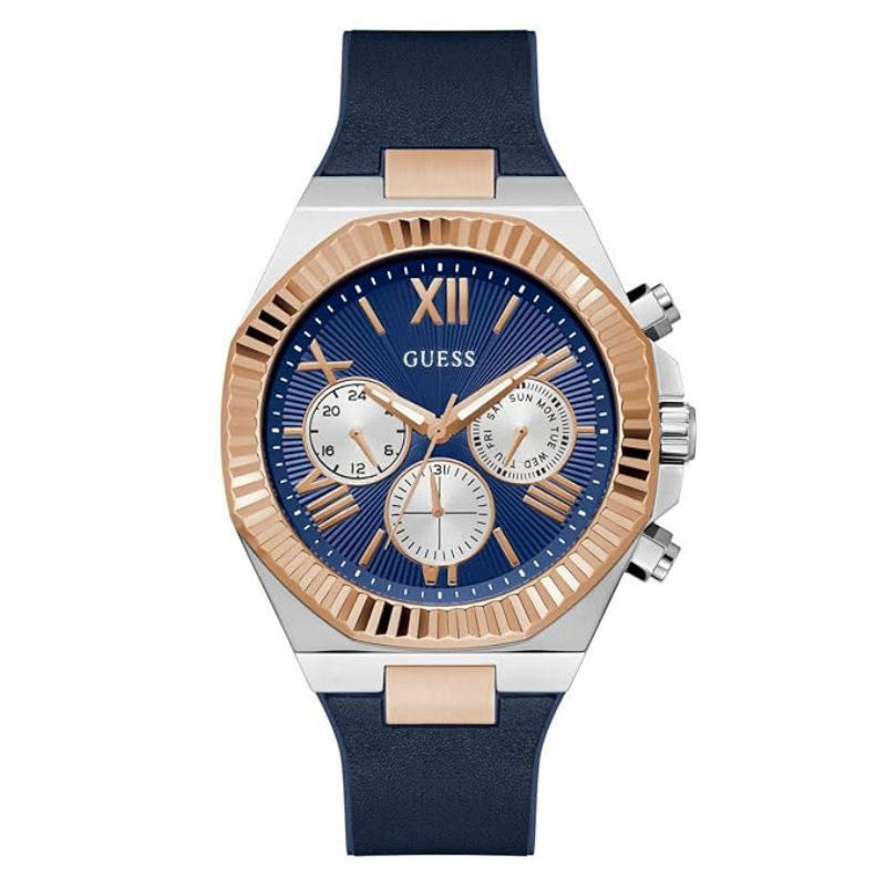 Guess Equity men's chronograph watch with blue dial, rose gold bezel, and navy silicone strap