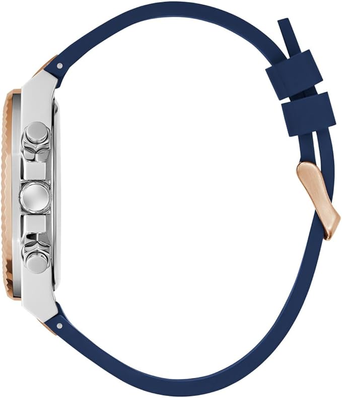 Guess Equity watch side profile showing silver case, rose gold bezel, and navy strap