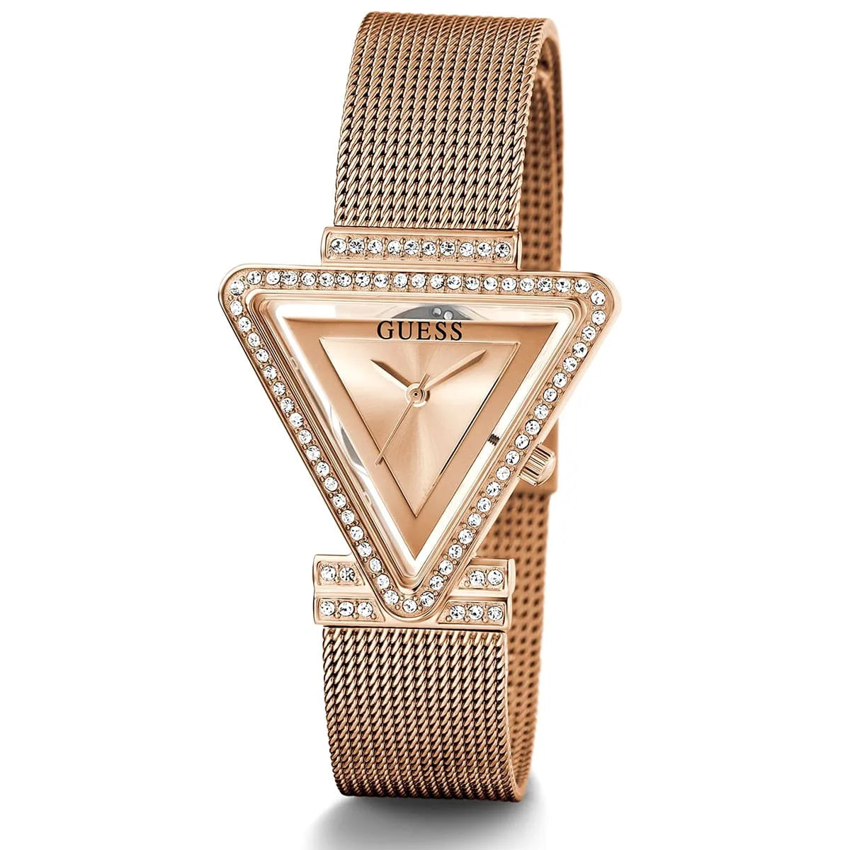 Guess Fame rose gold women watch angled view showing triangle face with crystals