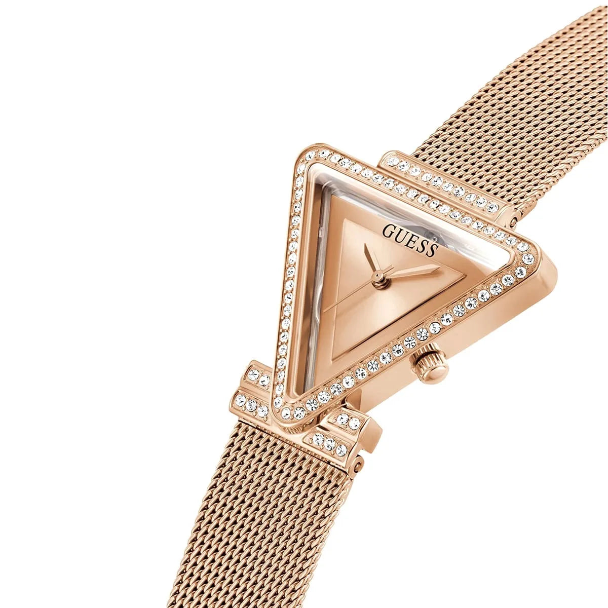 Guess Fame rose gold triangle watch face detail with crystal bezel and mesh strap