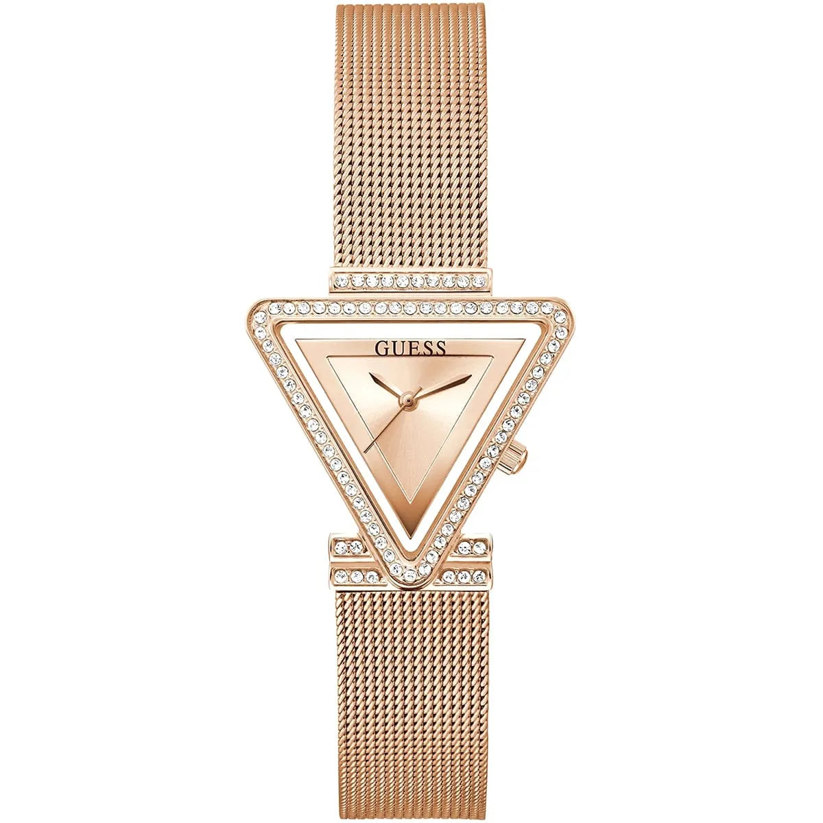 Guess Fame rose gold women watch with diamond-set triangle case and mesh band