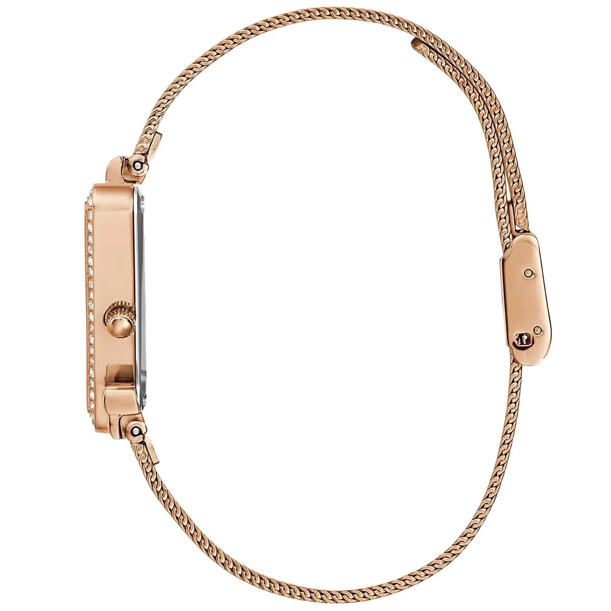 Guess Fame rose gold women watch side view of triangular crystal case and band