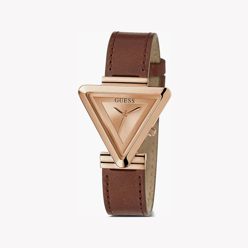Guess Fame rose gold watch at angle showing triangular case and brown leather strap