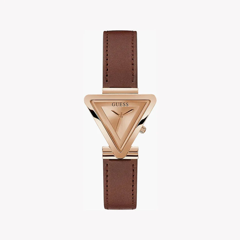 Guess Fame rose gold triangular watch with brown leather strap and rose gold dial
