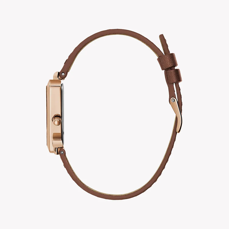 Side view of Guess Fame rose gold watch showing case profile and brown leather strap
