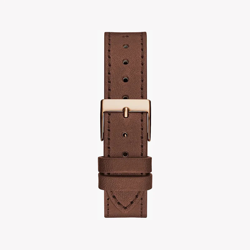 Brown leather strap with rose gold buckle and stitching detail for Guess Fame watch