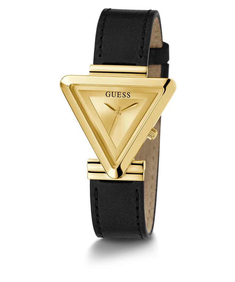 Guess Fame GW0548L3 watch angled view showing gold case and black leather strap