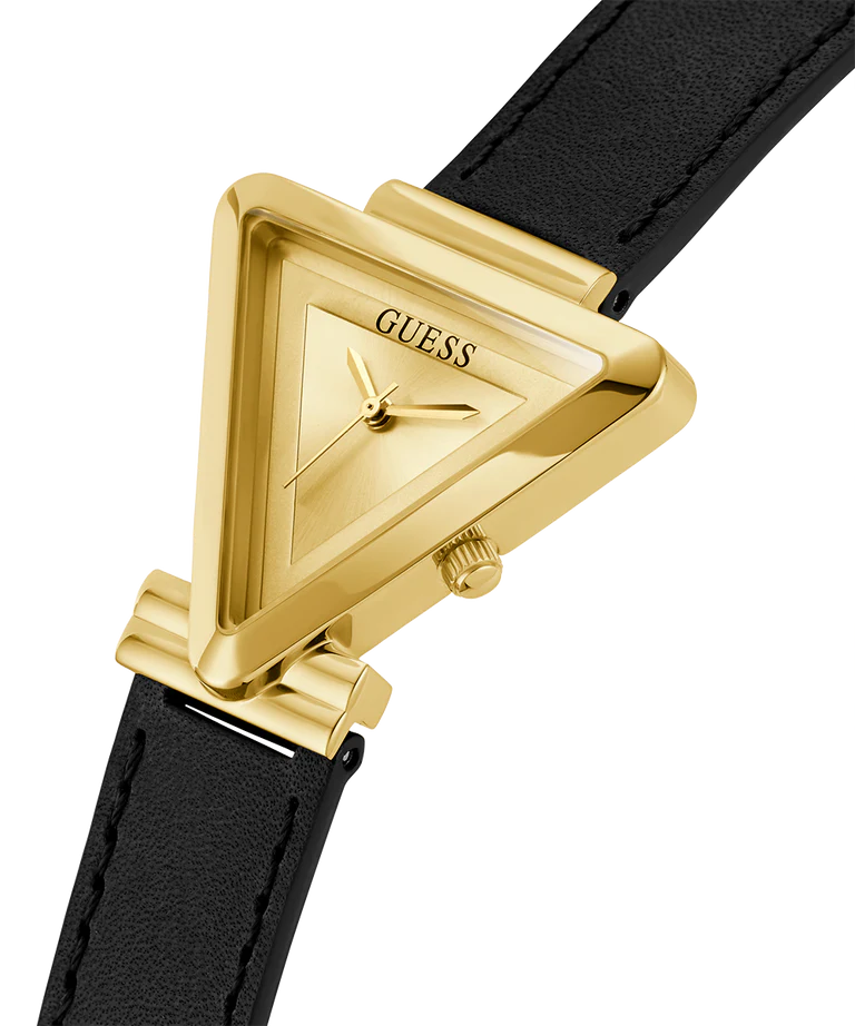 Close-up of Guess Fame gold triangle dial with hand indices and strap detail