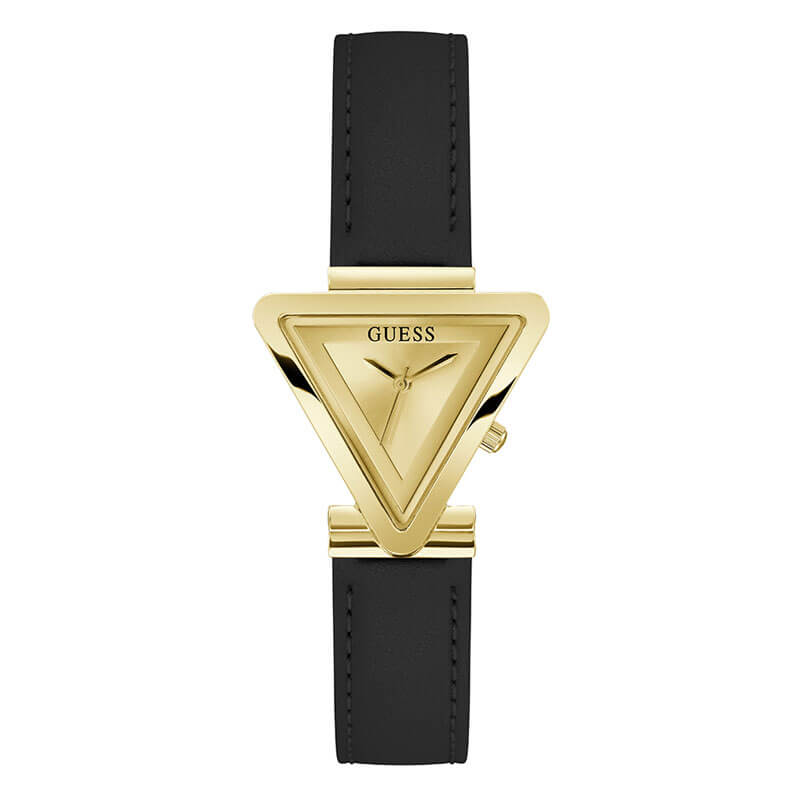 Guess Fame women's watch with gold triangle dial and black leather strap