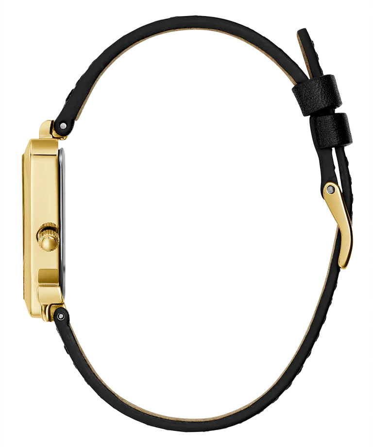 Guess Fame GW0548L3 watch side view with black leather strap and gold-tone case