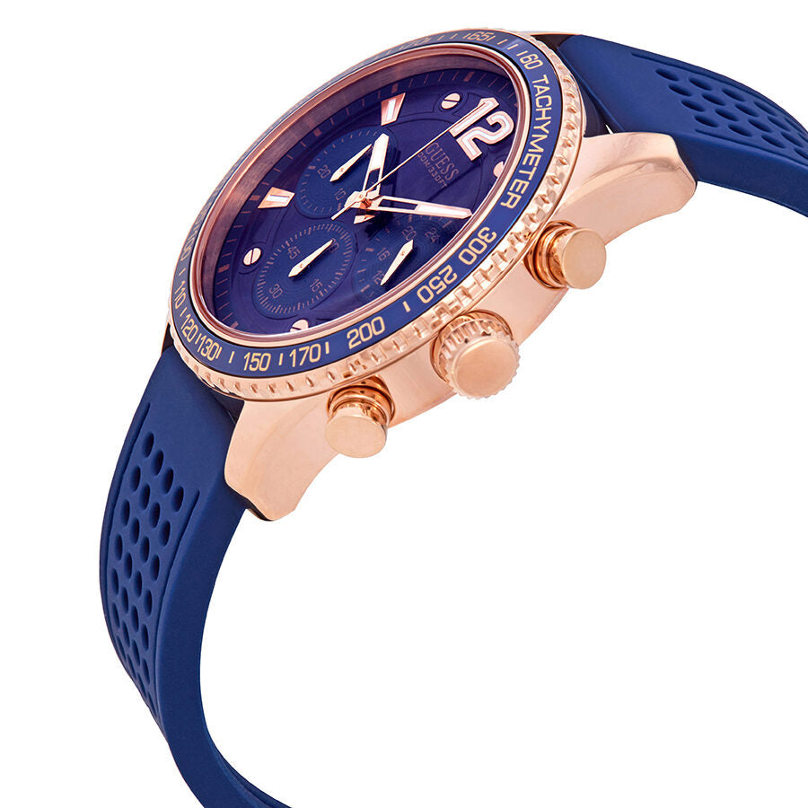 Guess Fleet chronograph watch side view showing rose gold case and blue silicone strap