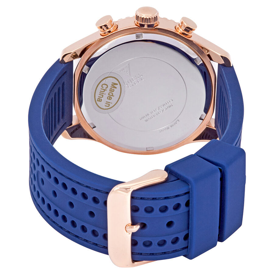 Guess Fleet watch caseback with blue strap and rose gold buckle