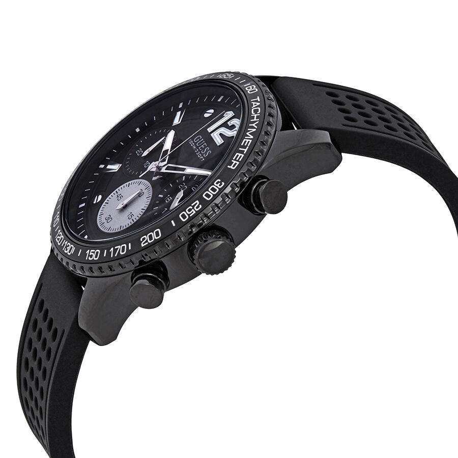 Guess Fleet chronograph watch angled view showing black case and silicone strap