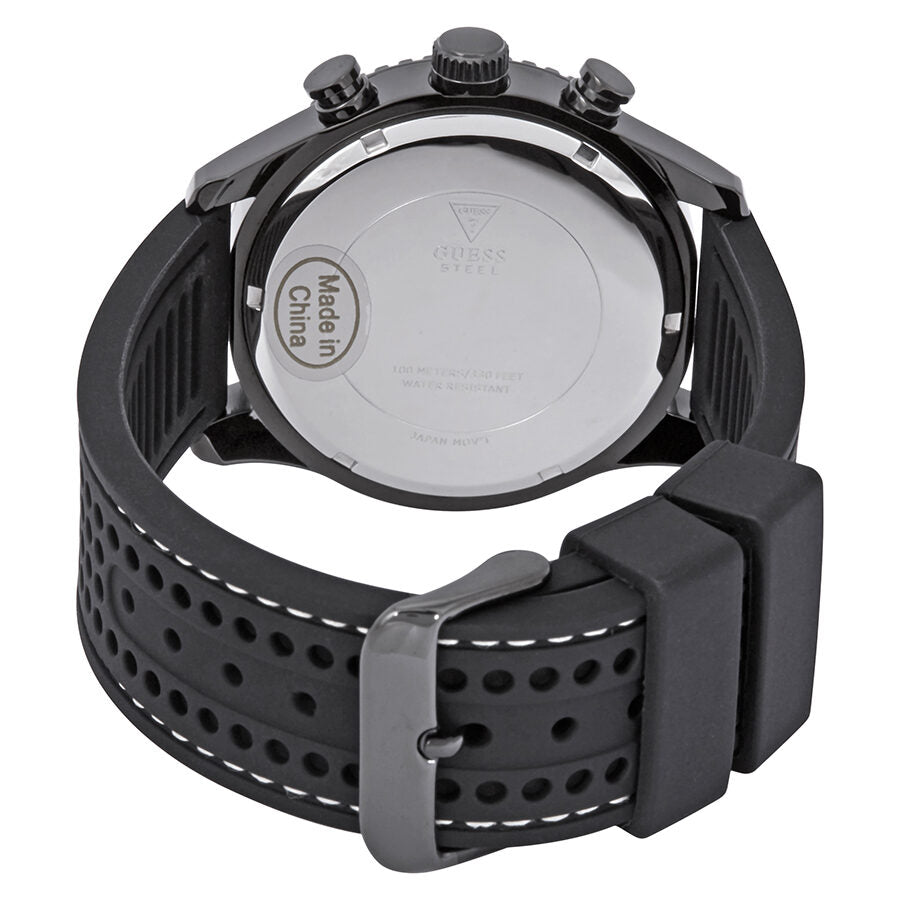 Guess Fleet watch caseback with silver-tone engraved design and black silicone strap