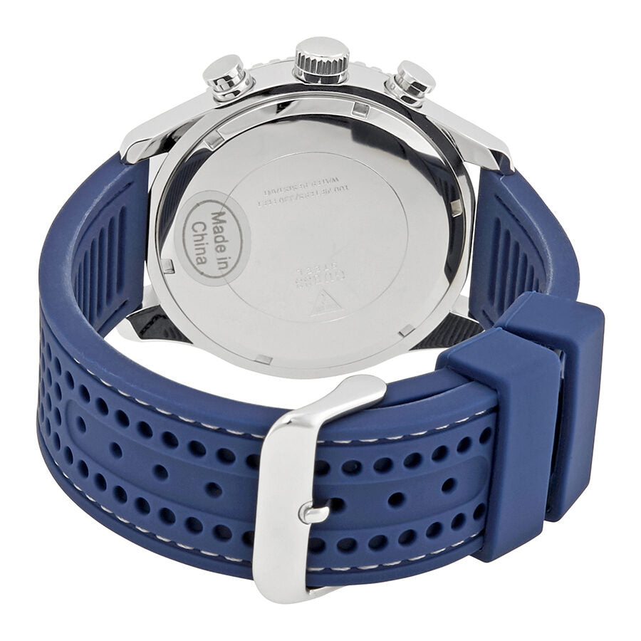 Guess Fleet Chronograph watch caseback showing stainless steel back with blue rubber strap
